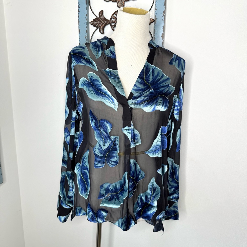 Alice + Olivia Amos Semi Sheer Black with Blue Tropical Leaf Print Blouse